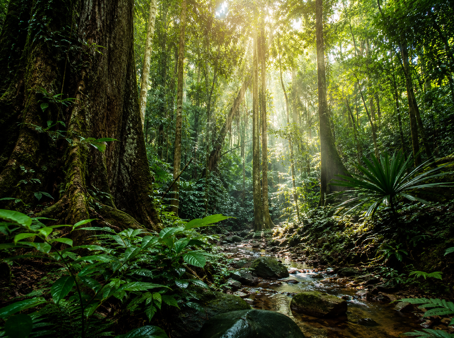 Sunbeams falling through tall forest trees