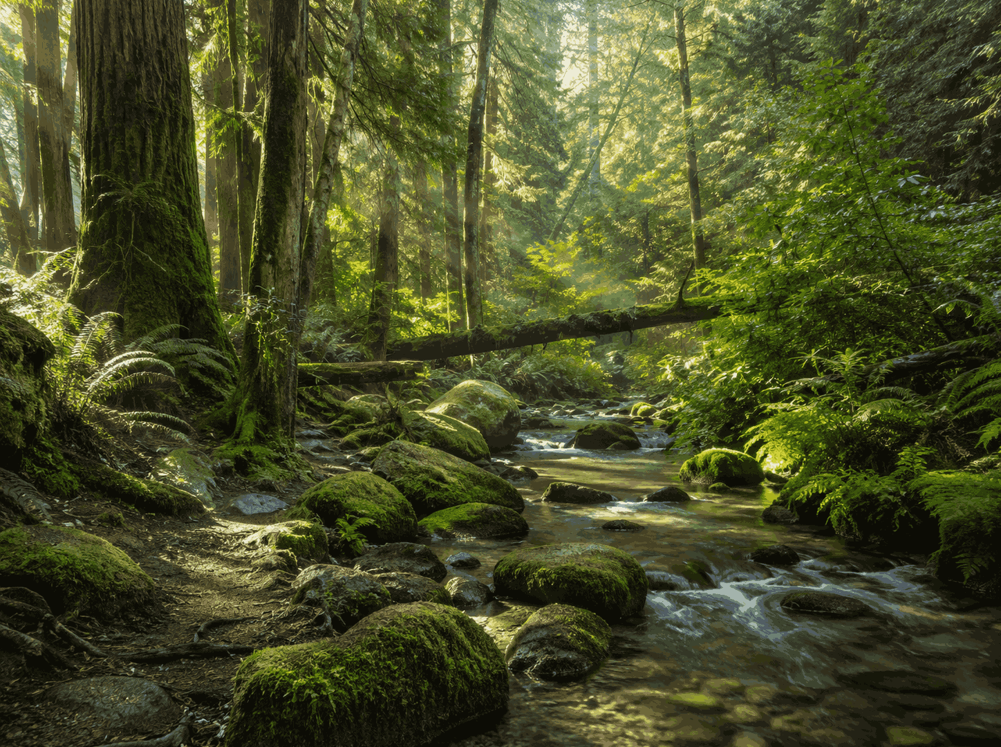 A clear stream running through mossy forest