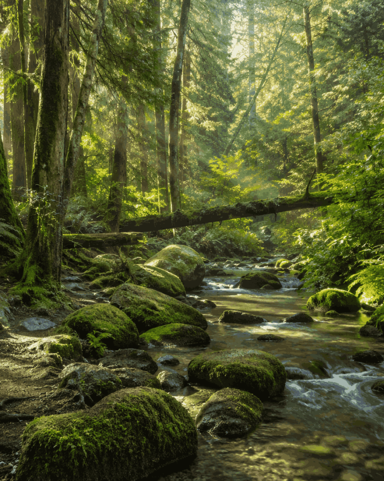 A clear stream running through mossy forest floor