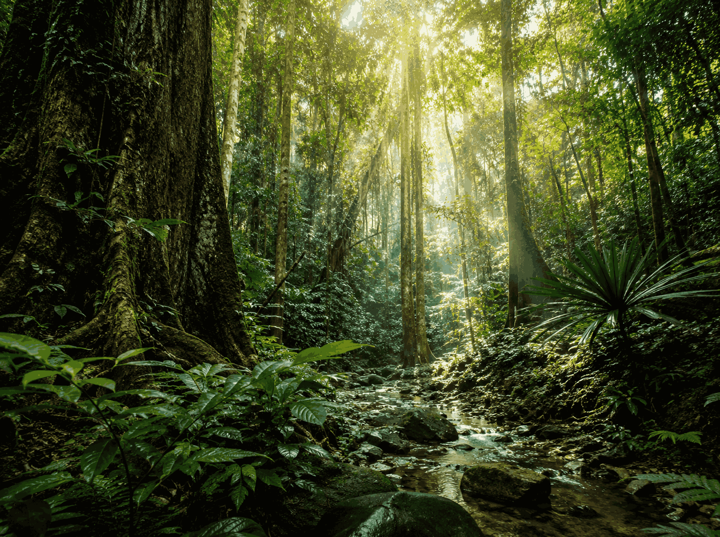 Sunlight breaking through a dense indigenous forest canopy